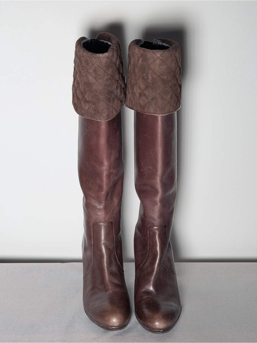 Ralph Lauren Dark Brown Leather Over-the-Knee Meira Quilted Cuff Boots